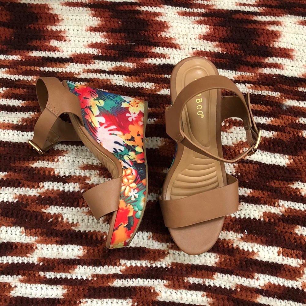Brown Faux Leather Chunky Platform Floral Colorful Wedges Sandals Heels Open Toe